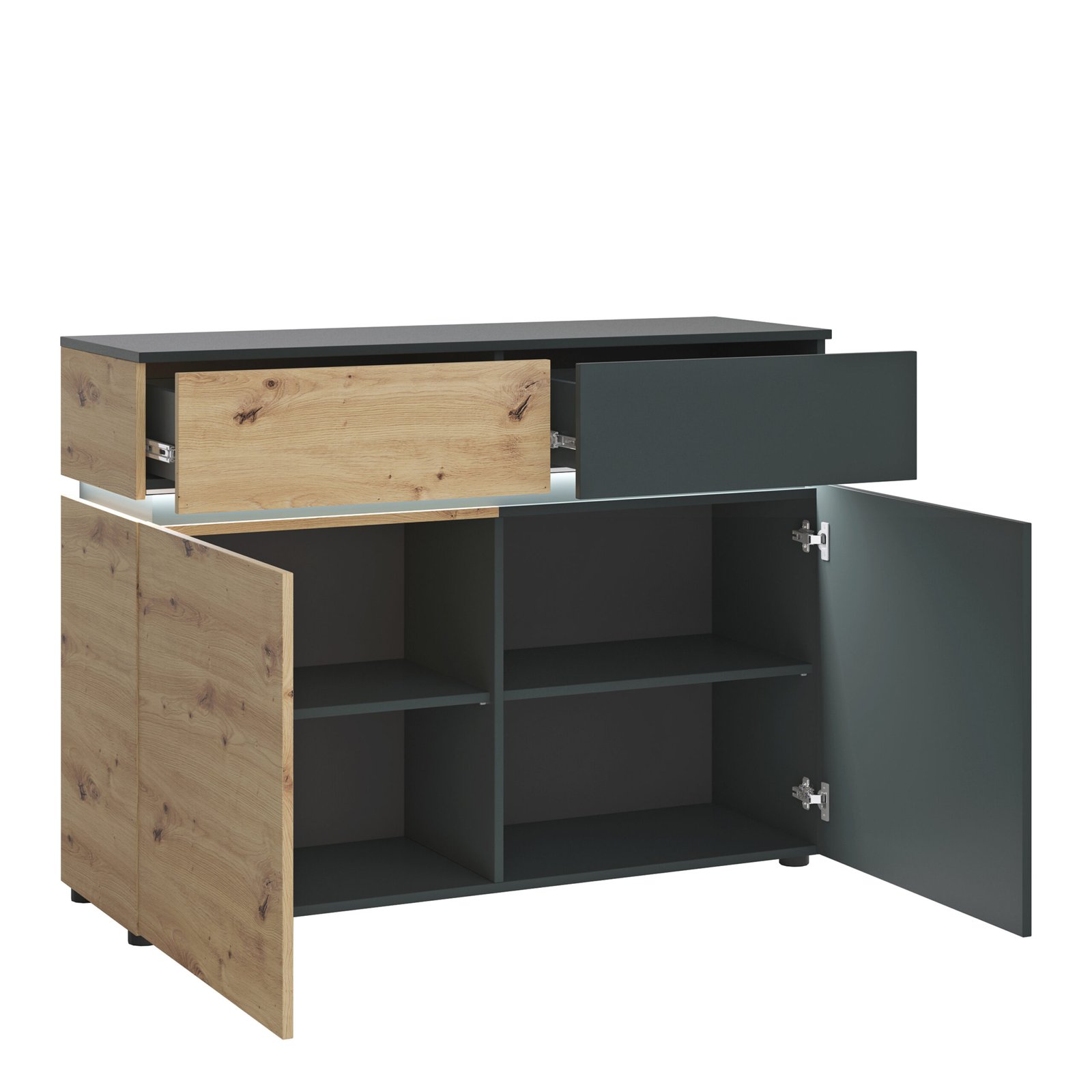 Luci 2 Door 2 Drawer Cabinet (including LED lighting) in Platinum and Oak - Image 3
