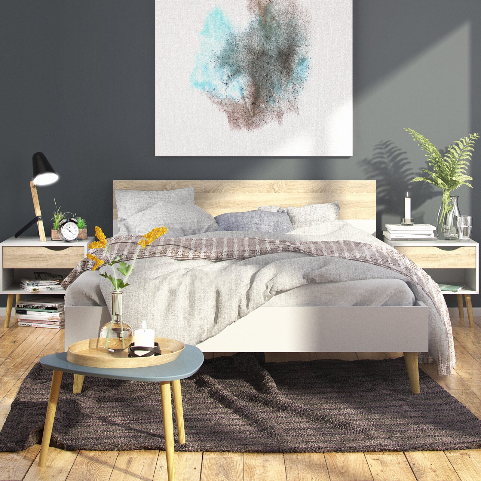 Oslo Euro Double Bed (140 x 200) in White and Oak - Image 2