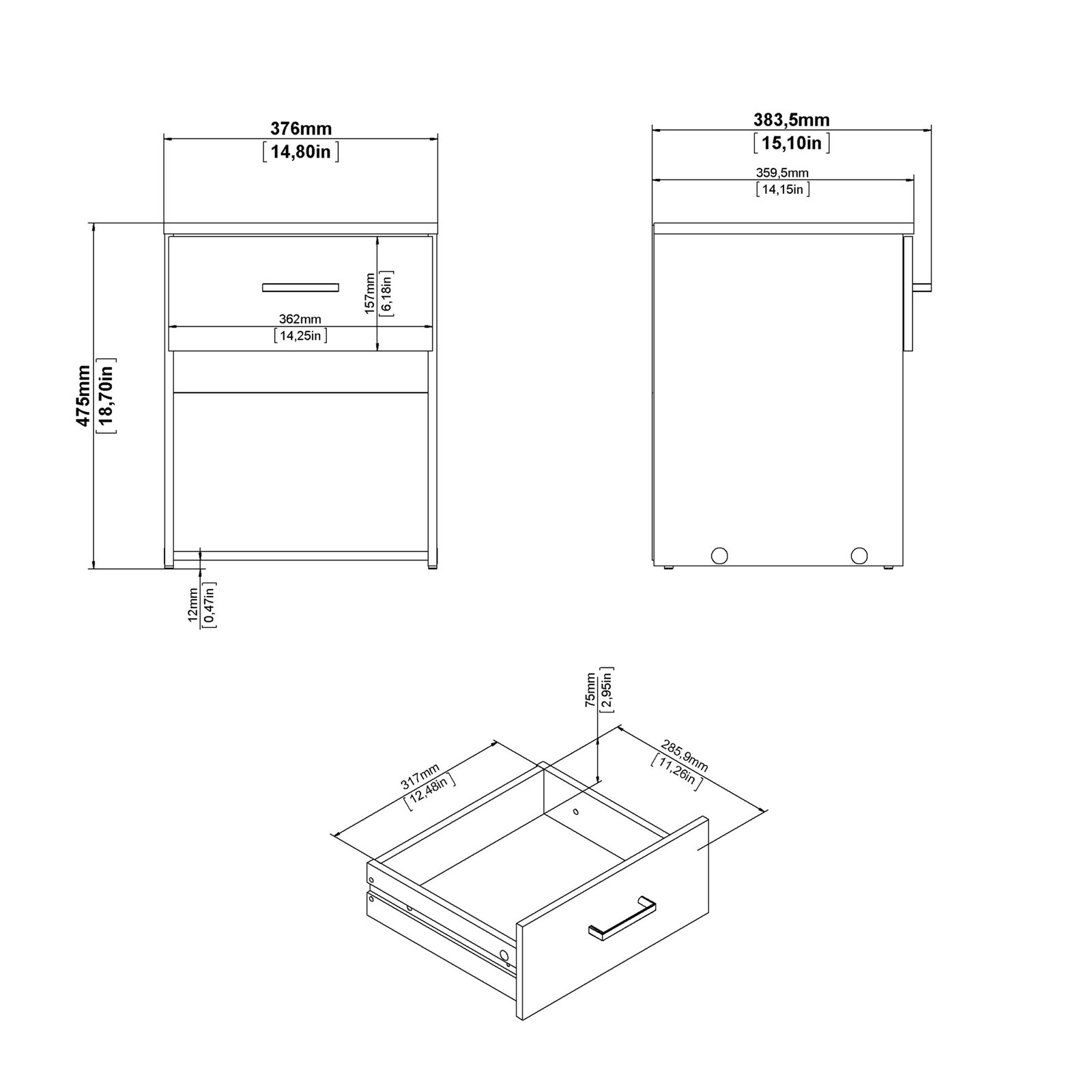 Space Package - Bedside 1 Drawer + Chest of 3 Drawers + Wardrobe with 2 Doors in White - Image 6