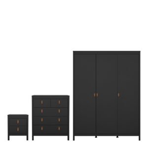Barcelona Package - Bedside Table 2 Drawers + Chest 5 Drawers + Wardrobe with 3 Doors in Matt Black