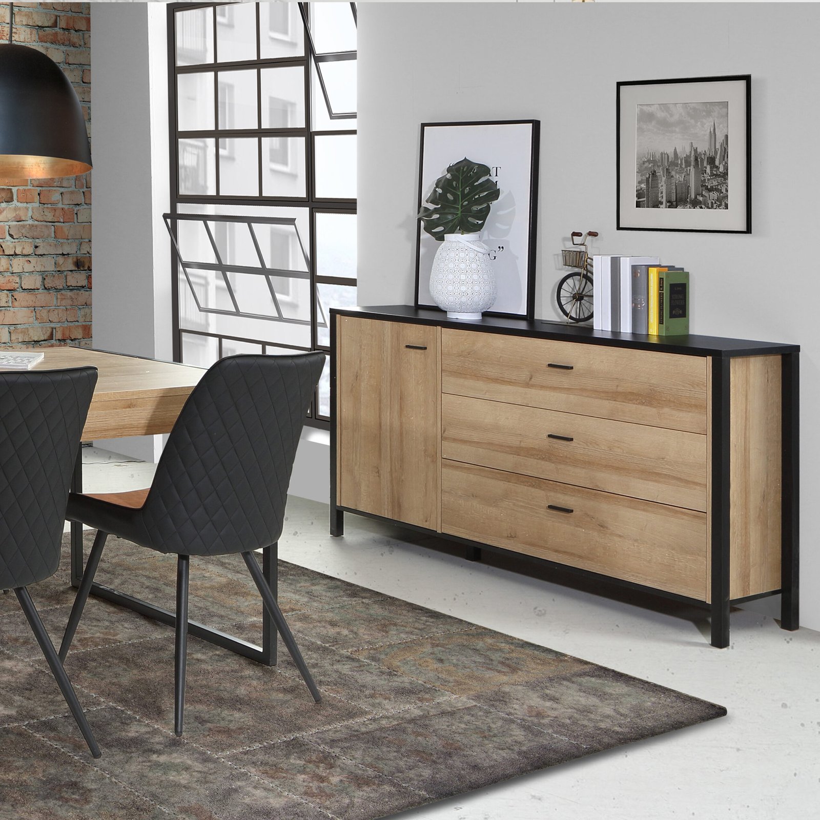 High Rock 1 Door 3 Drawer Sideboard in Matt Black/Riviera Oak - Image 2