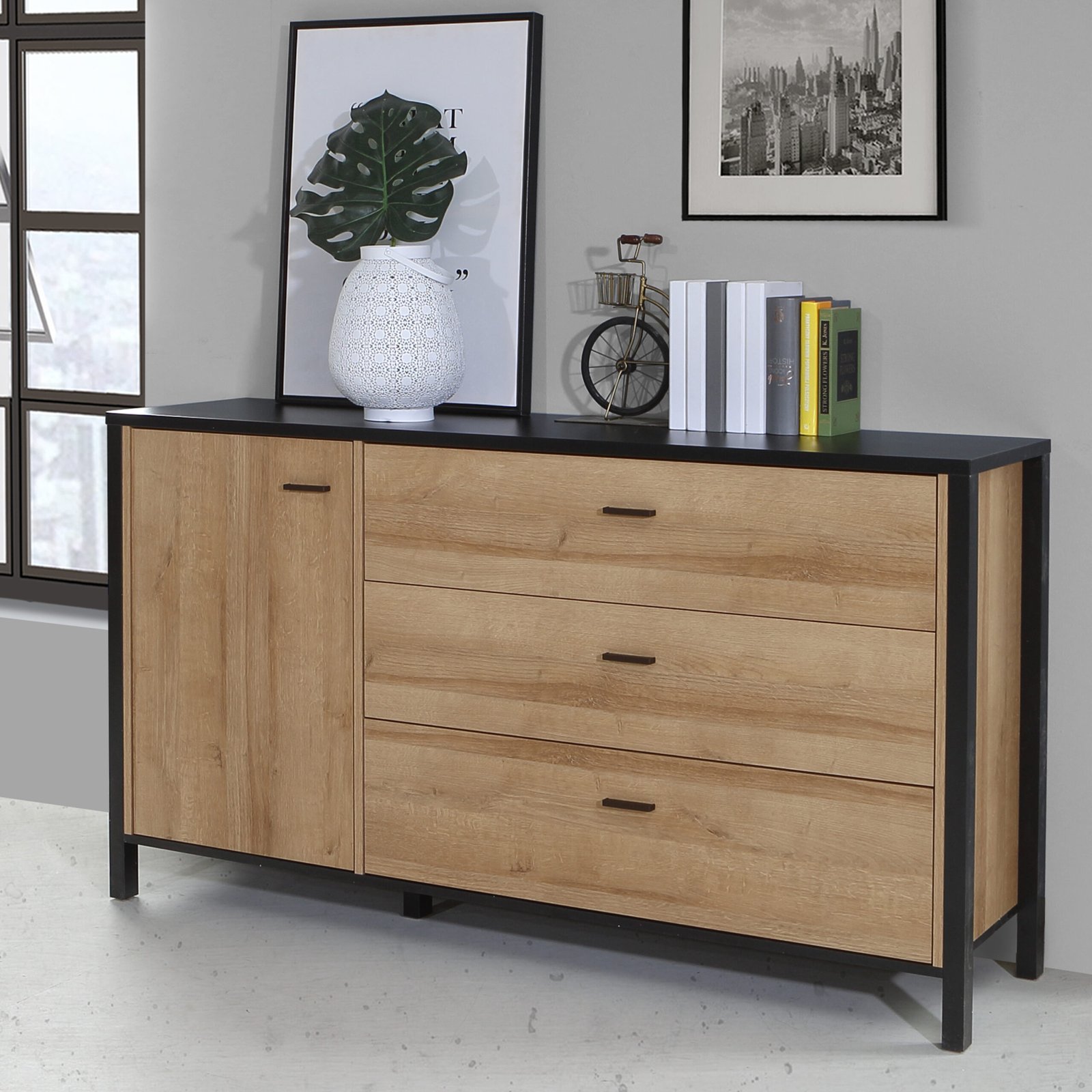 High Rock 1 Door 3 Drawer Sideboard in Matt Black/Riviera Oak - Image 7