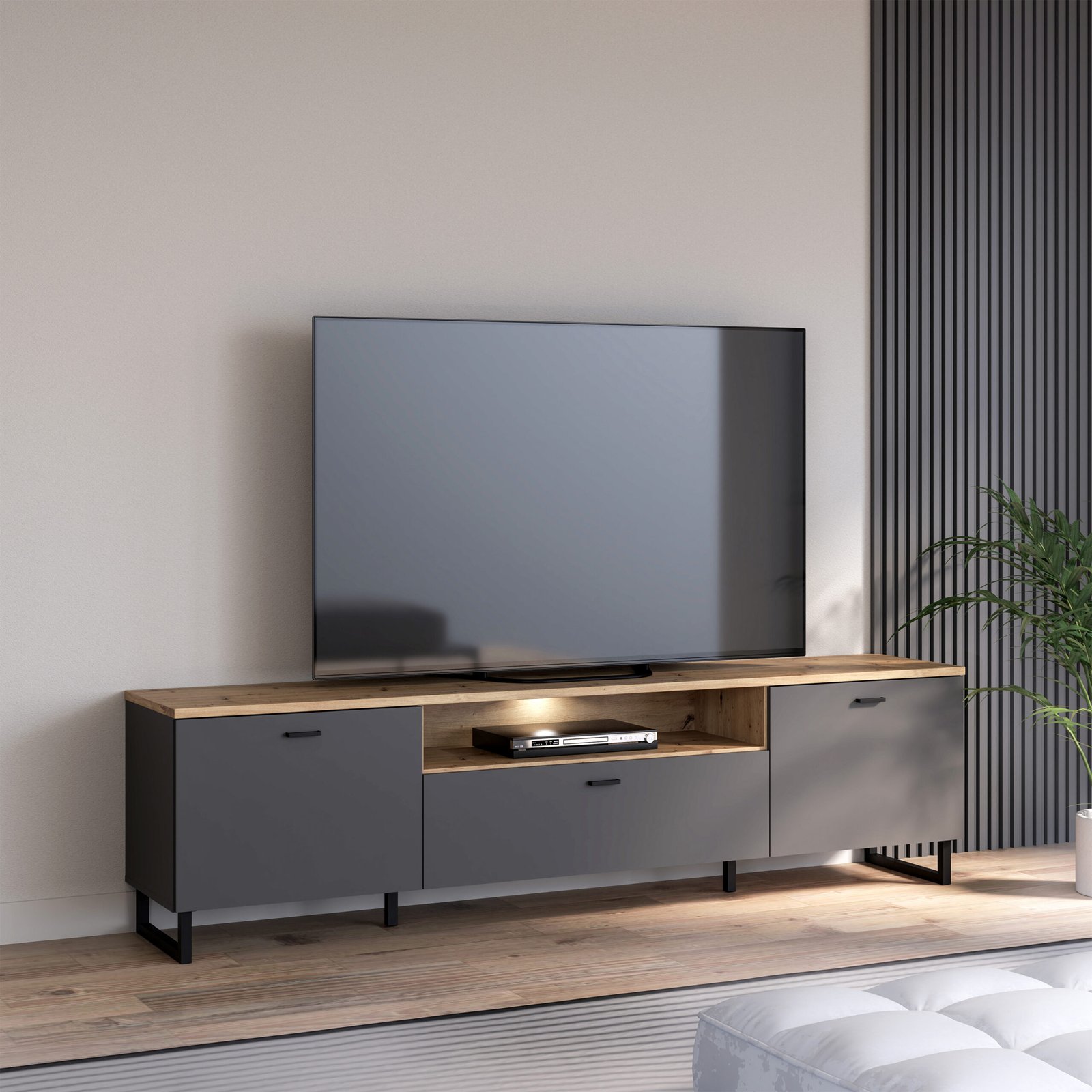 Klara TV Unit with 2 Drawers 1 Flip Door in Grey and Oak inc LED Lighting - Image 2