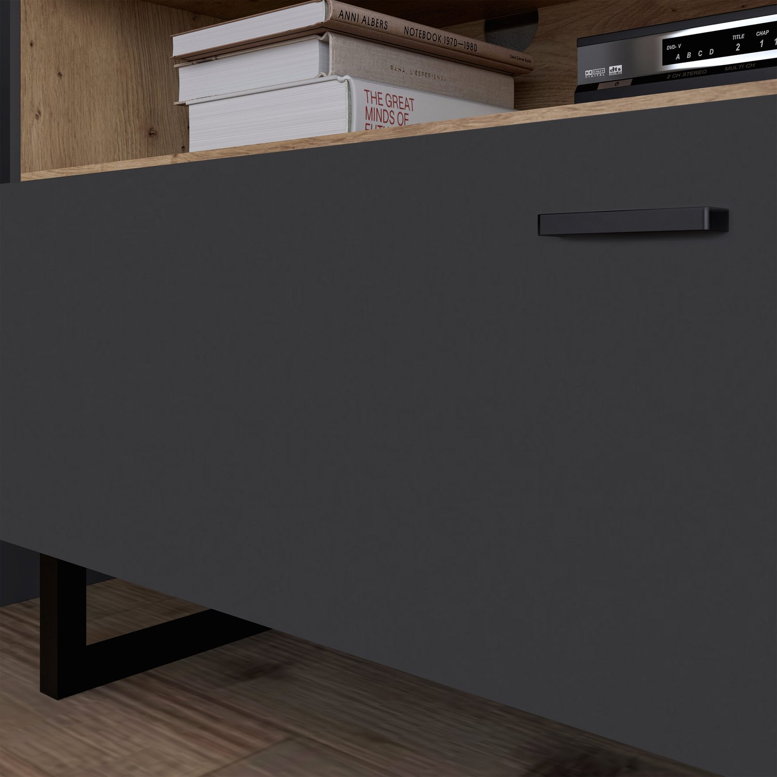 Klara TV Unit with 2 Drawers 1 Flip Door in Grey and Oak inc LED Lighting - Image 8