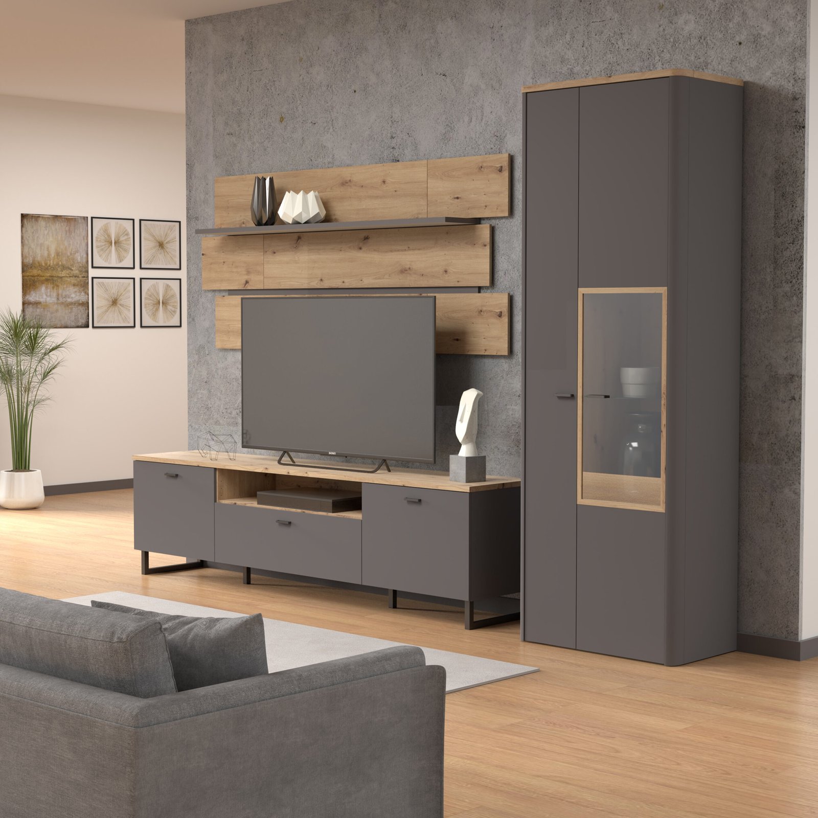 Klara Display Cabinet with 1 Door and 1 Glass Door in Grey and Oak - Image 2