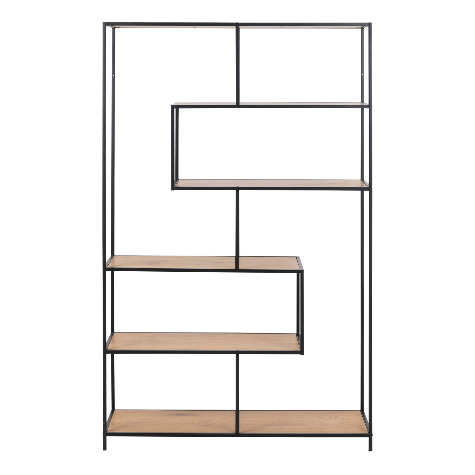 Seaford Black Metal Large Asymmetrical Bookcase with 5 Oak Shelves - Image 3