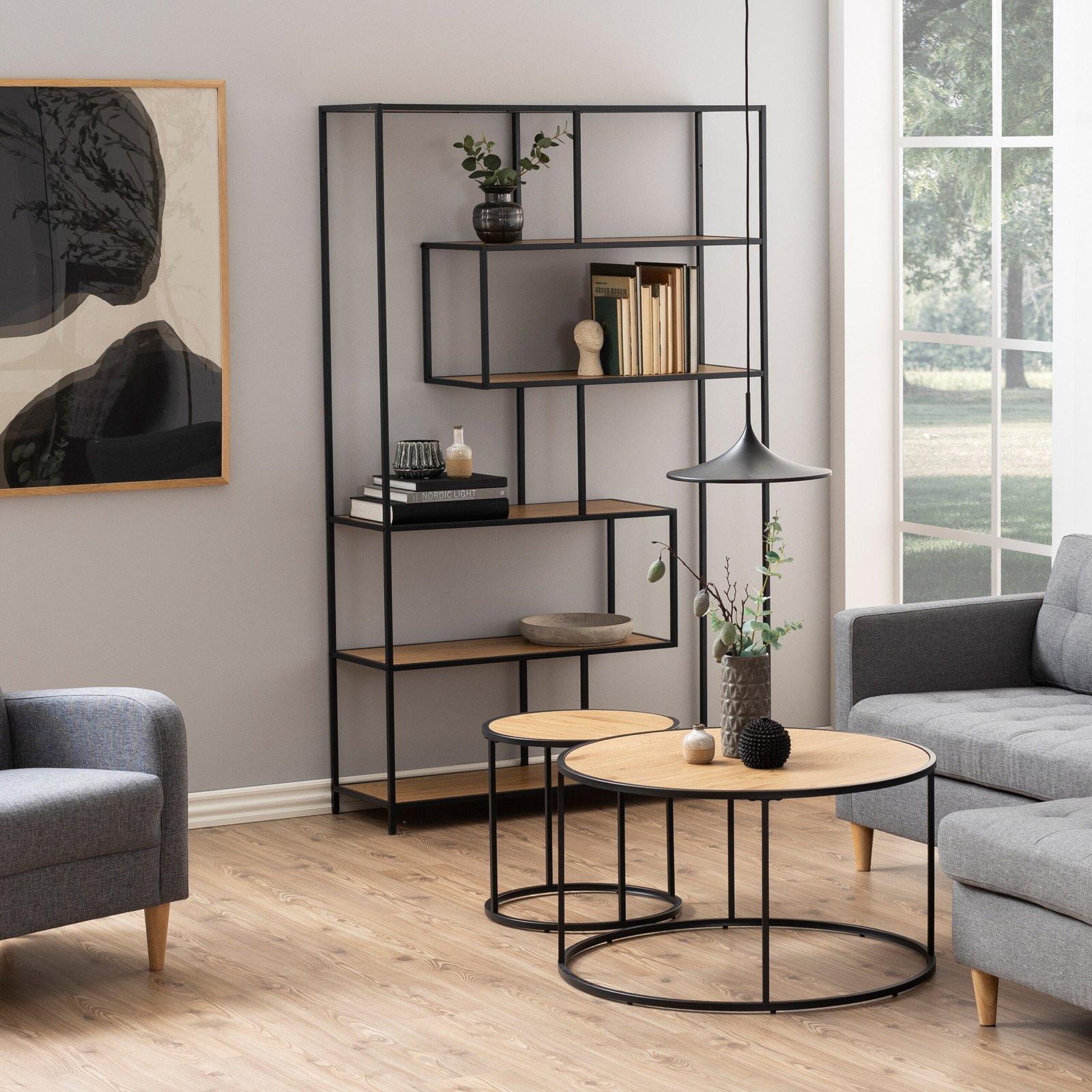 Seaford Black Metal Large Asymmetrical Bookcase with 5 Oak Shelves - Image 2