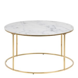 Bolton A1 Round Coffee Table with White Crystal Clear Marble Glass Top & Gold Base