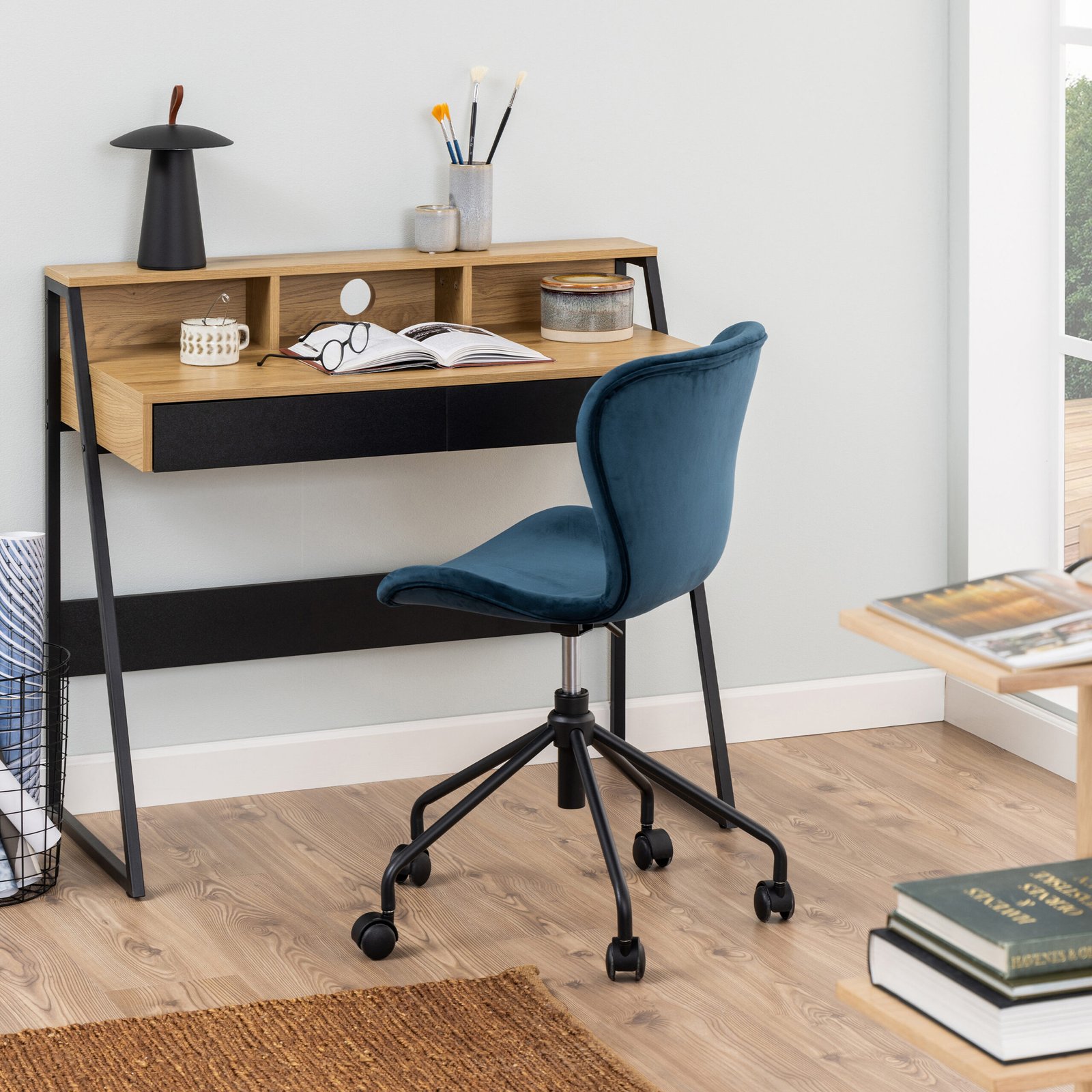 Reece 1 Drawer Office Desk in Oak & Black - Image 2