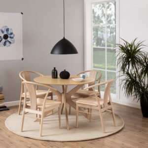 I_Duncan Round Dining Table in White Oak Included 4 Cassandra Dining Chair with Armrest in White Oak