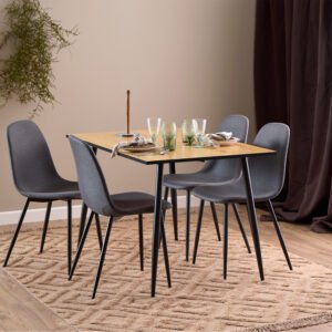 Wilma Dining Table with Oak Top & Black Legs Included 4 Celia Dining Chair in Light Grey
