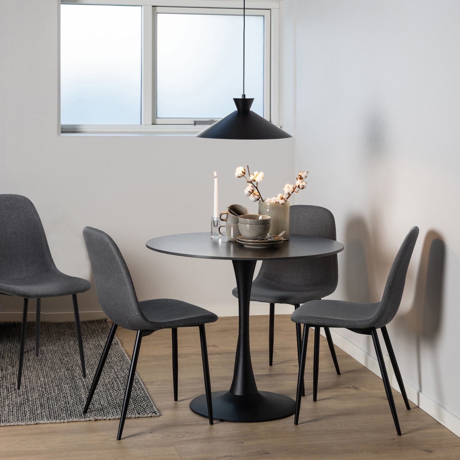 Malta Ceramic Round Dining Table in Black 90x75cm Included 4 Celia Dining Chair in Light Grey