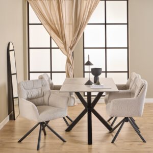 Heaven Dining Table with Ceramic White Top 135cm Included 4 Alonso Swivel Cream Dining Chair with Armrest