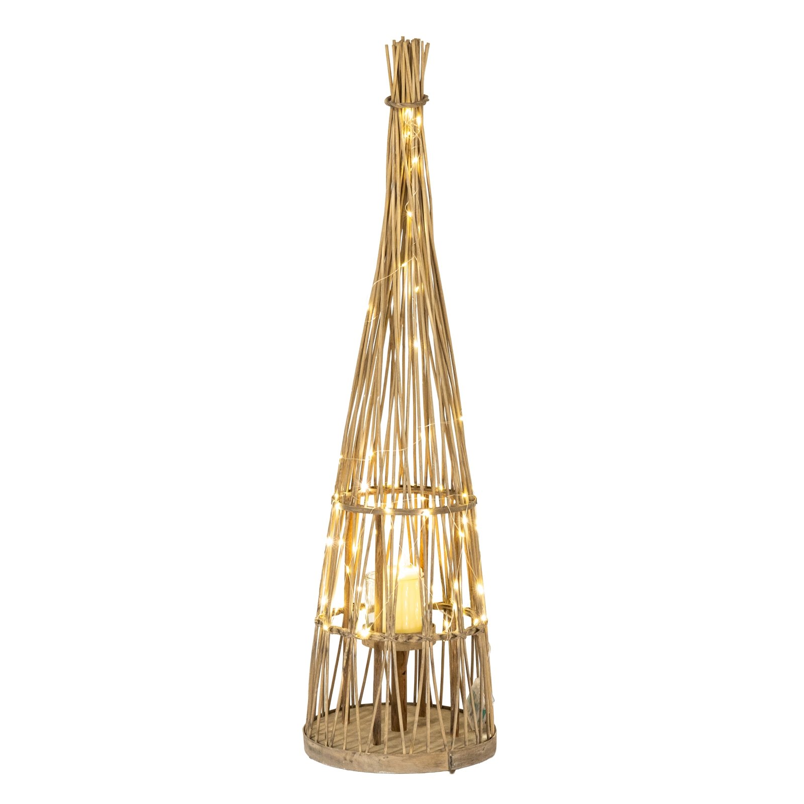 Small Conical Wicker Lantern With Glass Holder & LED Lights - Image 2