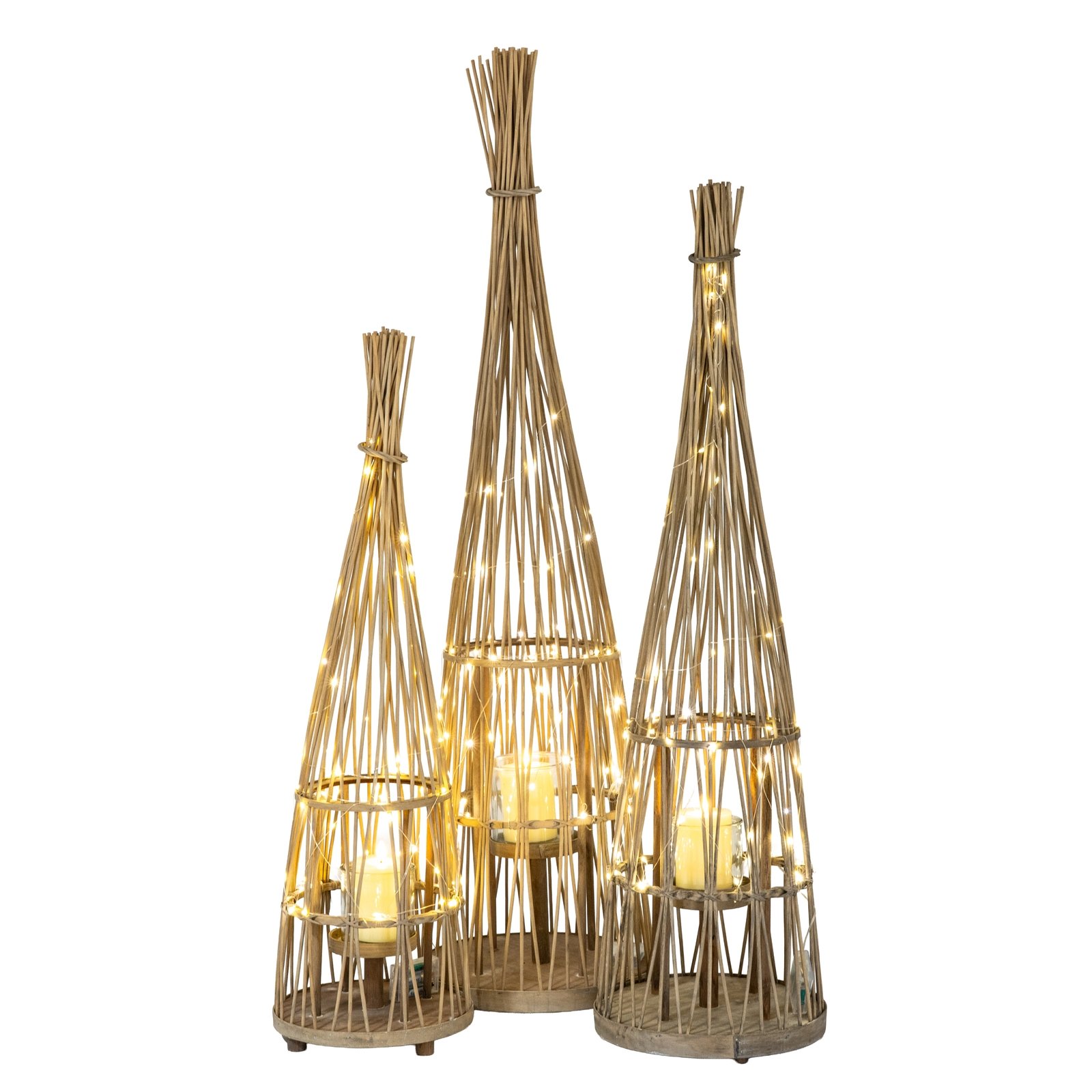 Small Conical Wicker Lantern With Glass Holder & LED Lights - Image 3