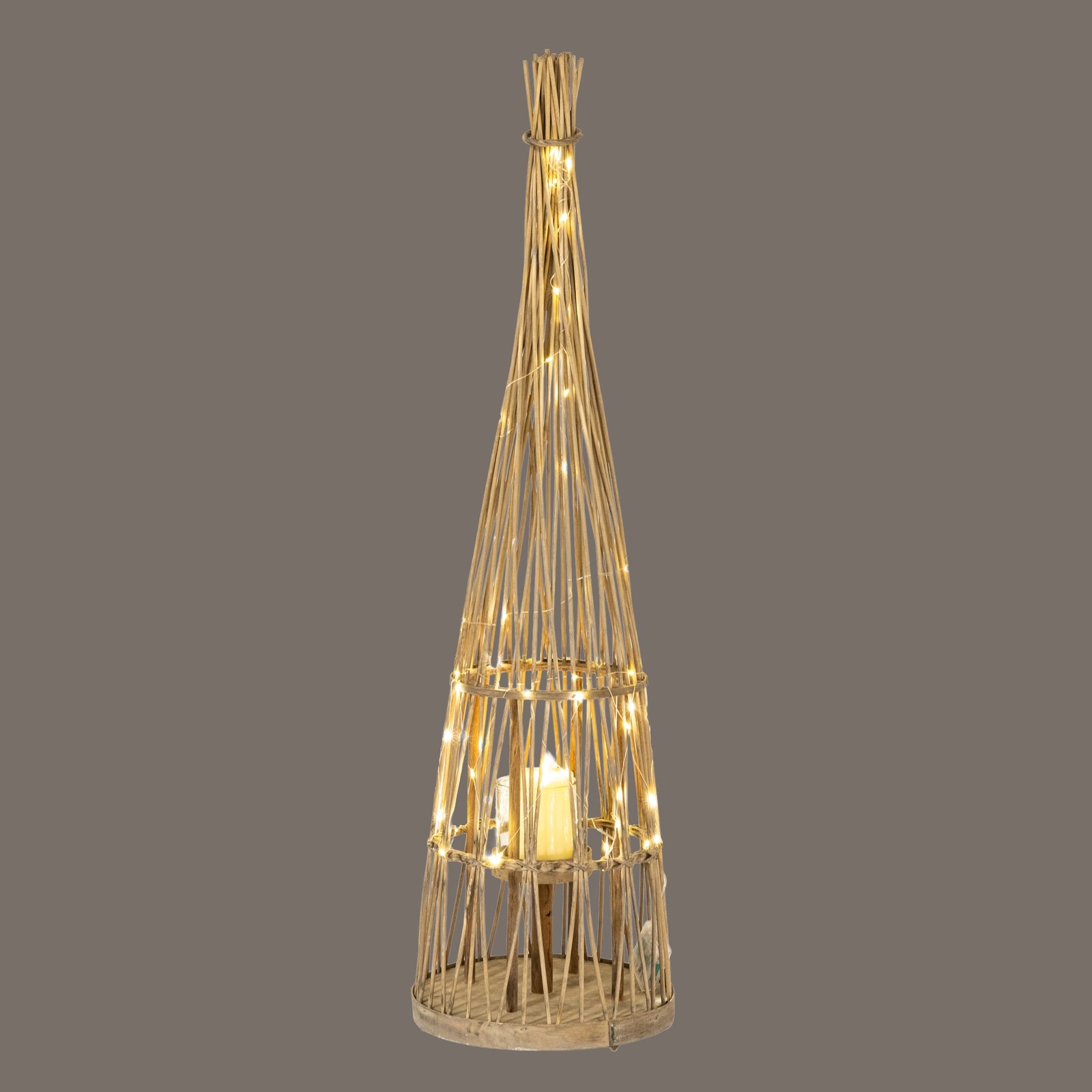 Small Conical Wicker Lantern With Glass Holder & LED Lights - Image 4