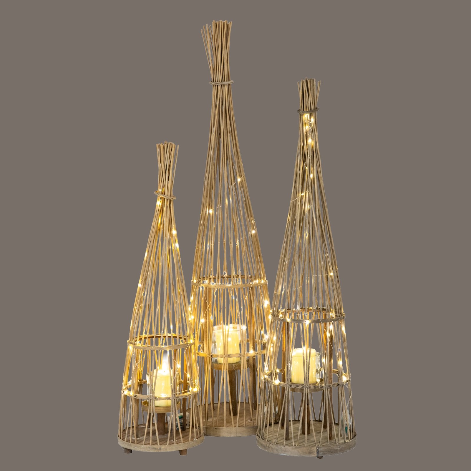 Small Conical Wicker Lantern With Glass Holder & LED Lights - Image 5