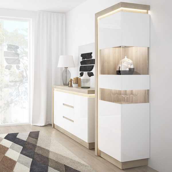 Lyon Tall Narrow Display Cabinet (RHD) in Riviera Oak/White High Gloss - Image 4