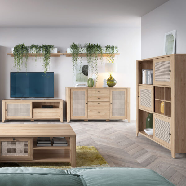 Cestino 2 Door 4 Drawer Sideboard in Jackson Hickory Oak and Rattan Effect - Image 4