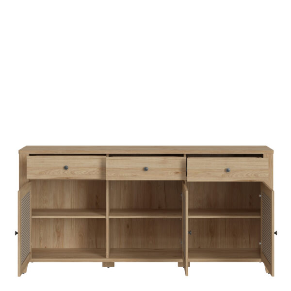 Cestino 3 Door 3 Drawer Sideboard in Jackson Hickory Oak and Rattan Effect - Image 3