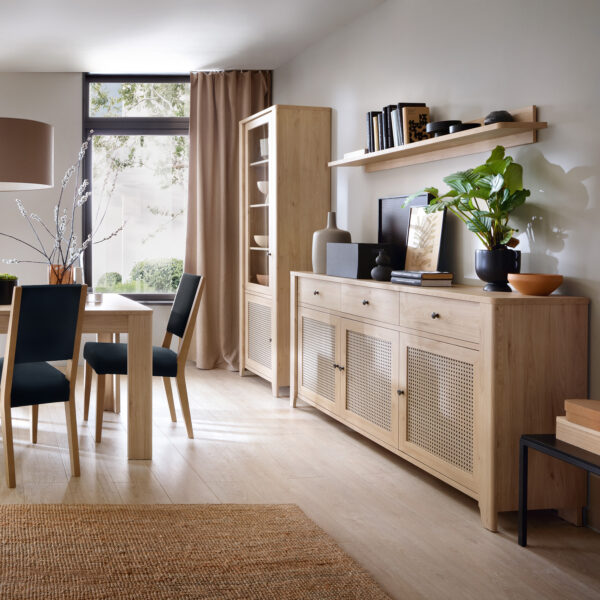 Cestino 3 Door 3 Drawer Sideboard in Jackson Hickory Oak and Rattan Effect - Image 4