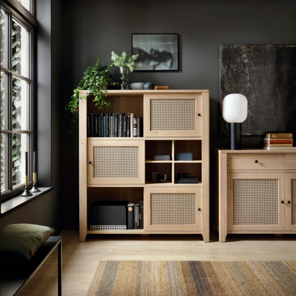 Cestino 3 Door 3 Drawer Sideboard in Jackson Hickory Oak and Rattan Effect - Image 5