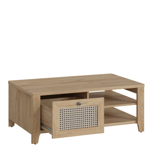 Cestino Coffee Table with 1 Drawer in Jackson Hickory Oak and Rattan Effect - Image 2