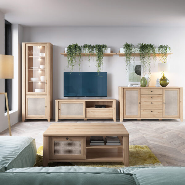 Cestino 2 Door Display Cabinet in Jackson Hickory Oak and Rattan Effect - Image 4