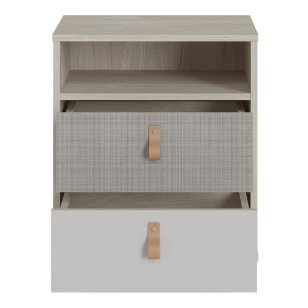Denim 2 Drawer Bedside Cabinet in Light Walnut, Grey Fabric Effect and Cashmere - Image 2