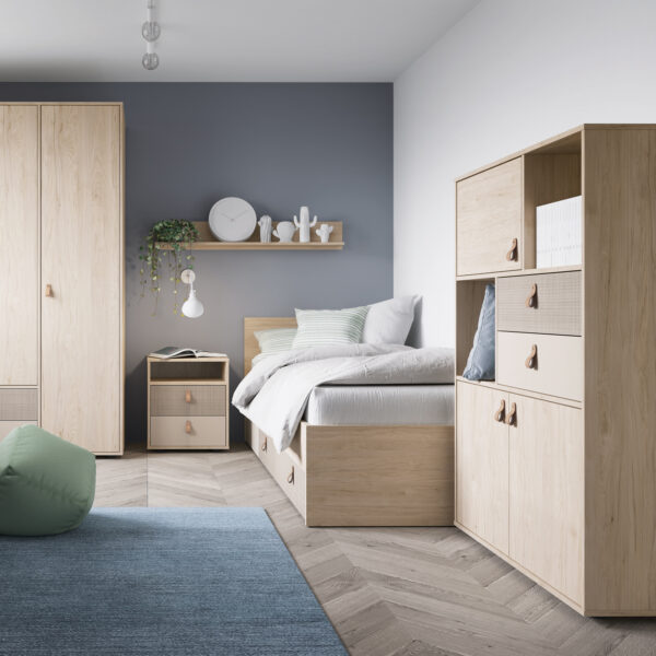 Denim 2 Drawer Bedside Cabinet in Light Walnut, Grey Fabric Effect and Cashmere - Image 3