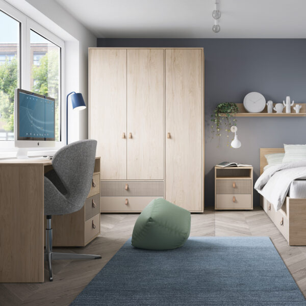 Denim 2 Drawer Bedside Cabinet in Light Walnut, Grey Fabric Effect and Cashmere - Image 4