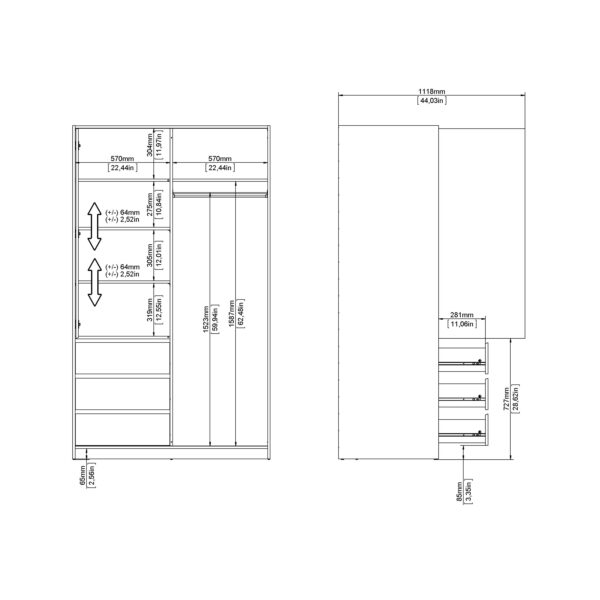 Naia Wardrobe with 1 Sliding Door and 1 Door + 3 Drawers in White - Image 11