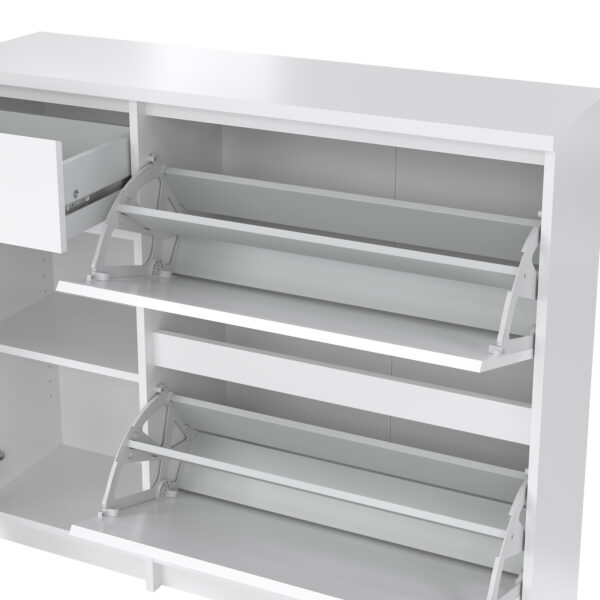 Naia Shoe Cabinet with 2 Flip Down Doors 1 Door and 1 Drawer in White High Gloss - Image 11