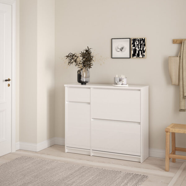 Naia Shoe Cabinet with 2 Flip Down Doors 1 Door and 1 Drawer in White High Gloss - Image 2