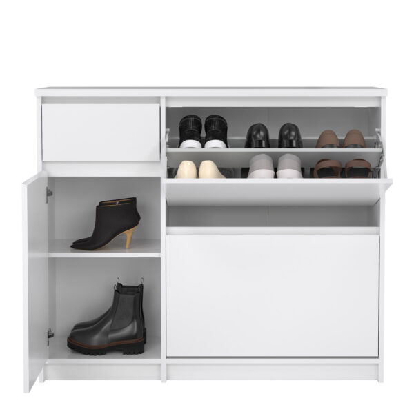 Naia Shoe Cabinet with 2 Flip Down Doors 1 Door and 1 Drawer in White High Gloss - Image 9