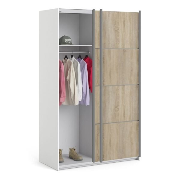 Verona Sliding Wardrobe 120cm in White with Oak Doors with 2 Shelves - Image 2
