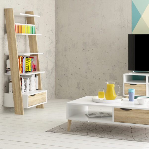 Oslo Leaning Bookcase 1 Drawer in White and Oak - Image 6
