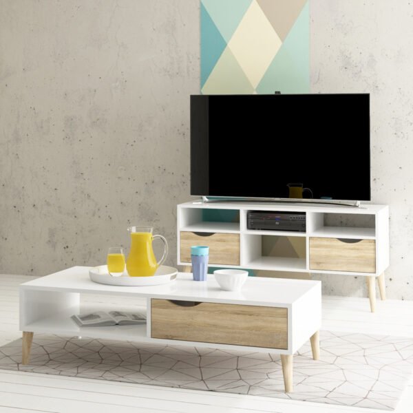 Oslo TV Unit Wide 2 Drawers 4 Shelves in White and Oak - Image 2