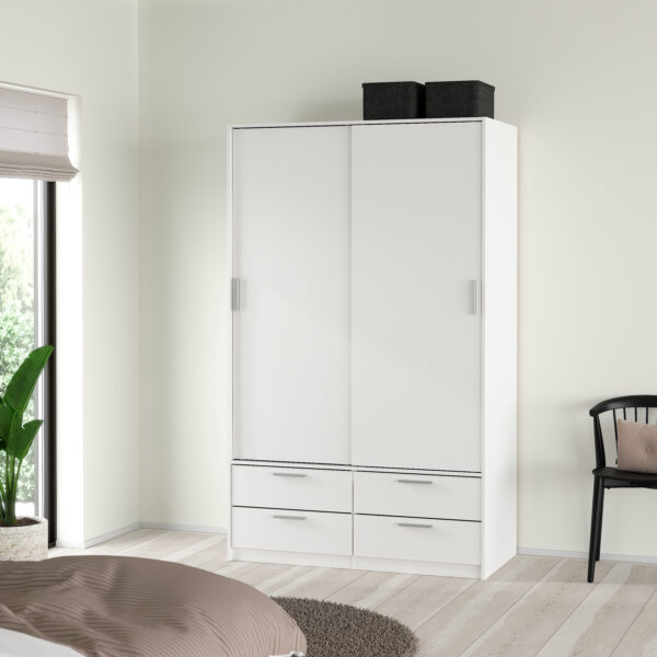 Line Wardrobe with 2 Sliding Doors and 4 Drawers, White - Image 8