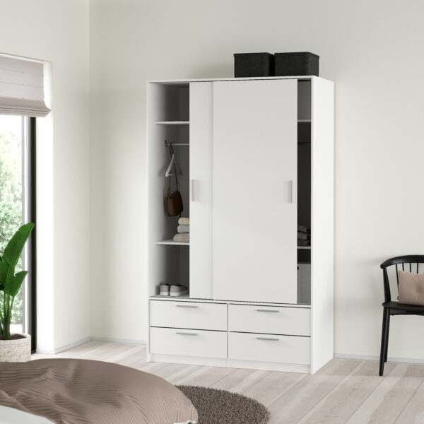 Line Wardrobe with 2 Sliding Doors and 4 Drawers, White - Image 9