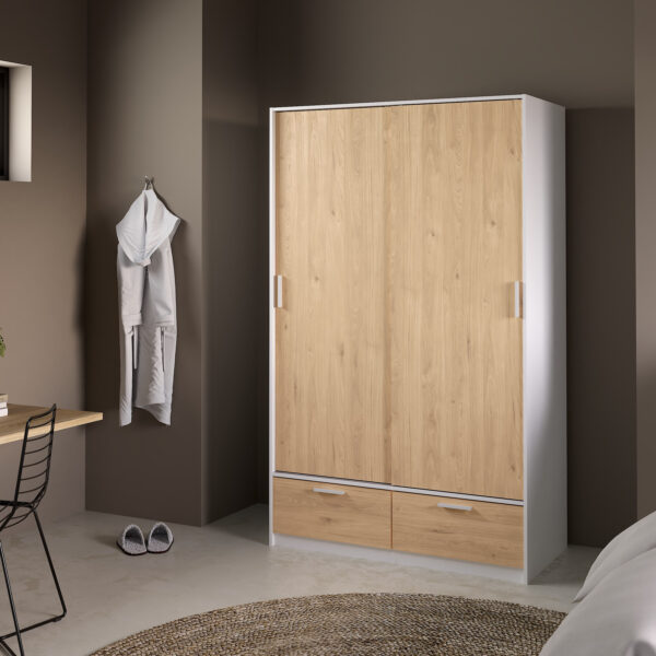 Line Wardrobe with 2 Doors 2 Drawers in White and Jackson Hickory Oak - Image 2