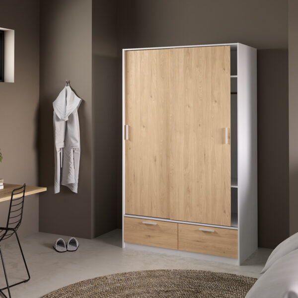 Line Wardrobe with 2 Doors 2 Drawers in White and Jackson Hickory Oak - Image 7
