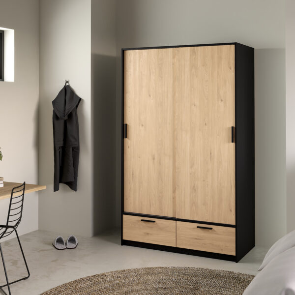 Line Wardrobe with 2 Doors 2 Drawers in Black and Jackson Hickory Oak - Image 2