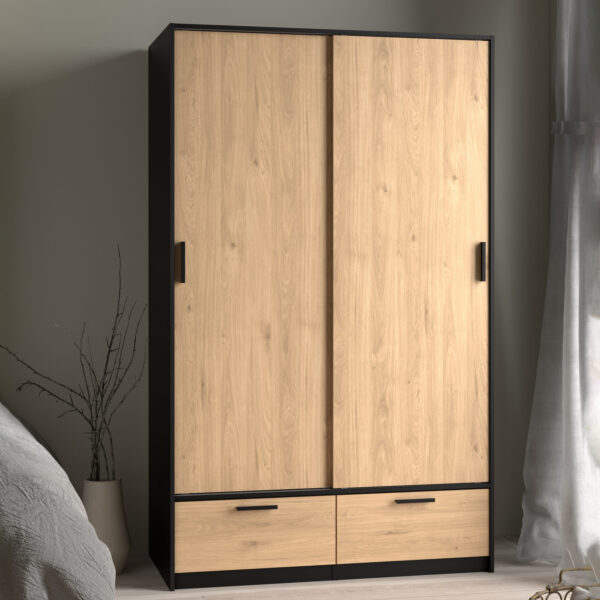 Line Wardrobe with 2 Doors 2 Drawers in Black and Jackson Hickory Oak - Image 8