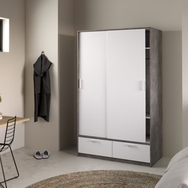 Line Wardrobe with 2 Doors 2 Drawers in White and Concrete - Image 7