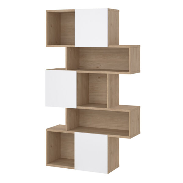 Maze Asymmetrical Bookcase with 3 Doors in Jackson Hickory and White High Gloss - Image 3