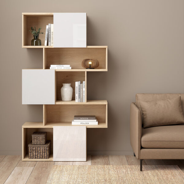Maze Asymmetrical Bookcase with 3 Doors in Jackson Hickory and White High Gloss - Image 6