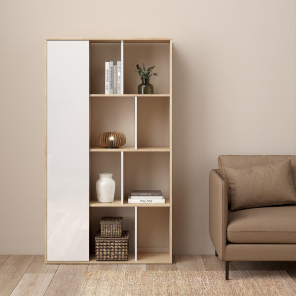 Maze Bookcase with 1 Door in Jackson Hickory and White High Gloss - Image 6