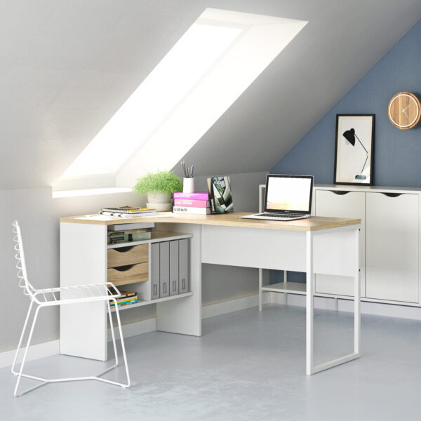 Function Plus Corner Desk 2 Drawers in White and Oak - Image 2
