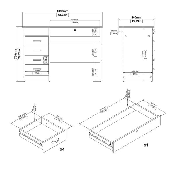 Function Plus Desk 5 Drawers in White - Image 9